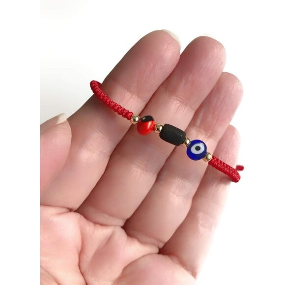 Powerful Prosperity Red Unisex Evil Eye Bracelet with Genuine Jet and Gold-Plate - Picture 4 of 6